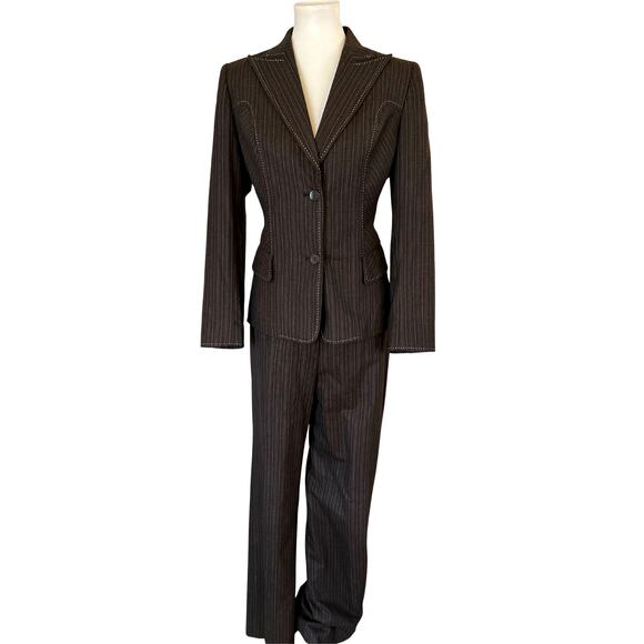 Vintage 90s/00s Albert Nipon Brown Pinstripe Wool Suit – Western Stitching, 2 pc - Picture 4 of 8